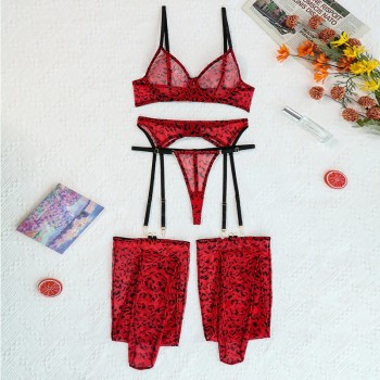 Leopard Lingerie For Women Lace Set Of Underwear With Stockings 4-Pieces Erotic Thongs Garter Red